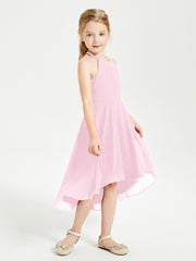 Junior Robes de Demoiselle d'Honneur Longueur de Mollet avec Jupe Asymétrique Rose Bonbon