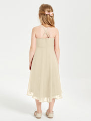 Junior Robes de Demoiselle d'Honneur Longueur de Mollet avec Jupe Asymétrique Champagne