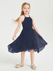 Junior Robes de Demoiselle d'Honneur Longueur de Mollet avec Jupe Asymétrique Bleu Marine