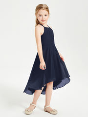 Junior Robes de Demoiselle d'Honneur Longueur de Mollet avec Jupe Asymétrique Bleu Marine