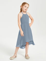 Junior Robes de Demoiselle d'Honneur Longueur de Mollet avec Jupe Asymétrique Bleu Poudré