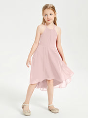 Junior Robes de Demoiselle d'Honneur Longueur de Mollet avec Jupe Asymétrique Rose Poudré