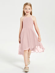 Junior Robes de Demoiselle d'Honneur Longueur de Mollet avec Jupe Asymétrique Rose Poudré