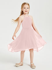 Junior Robes de Demoiselle d'Honneur Longueur de Mollet avec Jupe Asymétrique Rose Poudré