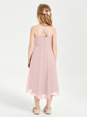 Junior Robes de Demoiselle d'Honneur Longueur de Mollet avec Jupe Asymétrique Rose Poudré