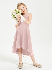 Junior Robes de Demoiselle d'Honneur Longueur de Mollet avec Jupe Asymétrique Rose Poudré