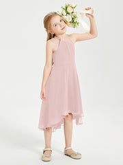 Junior Robes de Demoiselle d'Honneur Longueur de Mollet avec Jupe Asymétrique Rose Poudré