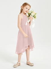 Junior Robes de Demoiselle d'Honneur Longueur de Mollet avec Jupe Asymétrique Rose Poudré