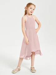 Junior Robes de Demoiselle d'Honneur Longueur de Mollet avec Jupe Asymétrique Rose Poudré
