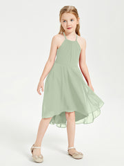 Junior Robes de Demoiselle d'Honneur Longueur de Mollet avec Jupe Asymétrique Sauge Poudrée