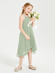 Junior Robes de Demoiselle d'Honneur Longueur de Mollet avec Jupe Asymétrique Sauge Poudrée