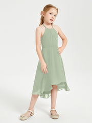 Junior Robes de Demoiselle d'Honneur Longueur de Mollet avec Jupe Asymétrique Sauge Poudrée