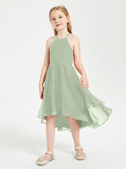 Junior Robes de Demoiselle d'Honneur Longueur de Mollet avec Jupe Asymétrique Sauge Poudrée