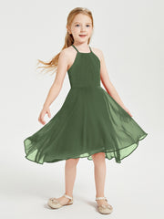 Junior Robes de Demoiselle d'Honneur Longueur de Mollet avec Jupe Asymétrique Olive Verte