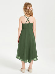 Junior Robes de Demoiselle d'Honneur Longueur de Mollet avec Jupe Asymétrique Olive Verte
