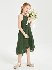 Junior Robes de Demoiselle d'Honneur Longueur de Mollet avec Jupe Asymétrique Olive Verte