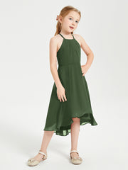 Junior Robes de Demoiselle d'Honneur Longueur de Mollet avec Jupe Asymétrique Olive Verte