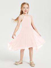 Junior Robes de Demoiselle d'Honneur Longueur de Mollet avec Jupe Asymétrique Rose Perle