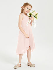 Junior Robes de Demoiselle d'Honneur Longueur de Mollet avec Jupe Asymétrique Rose Perle