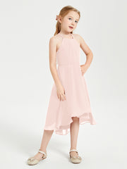 Junior Robes de Demoiselle d'Honneur Longueur de Mollet avec Jupe Asymétrique Rose Perle