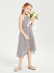 Junior Robes de Demoiselle d'Honneur Longueur de Mollet avec Jupe Asymétrique Argent