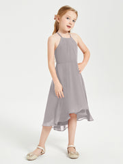 Junior Robes de Demoiselle d'Honneur Longueur de Mollet avec Jupe Asymétrique Argent