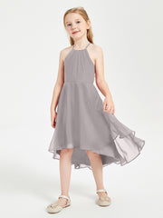 Junior Robes de Demoiselle d'Honneur Longueur de Mollet avec Jupe Asymétrique Argent