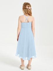 Junior Robes de Demoiselle d'Honneur Longueur de Mollet avec Jupe Asymétrique Bleu Ciel
