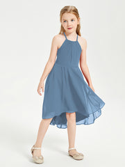Junior Robes de Demoiselle d'Honneur Longueur de Mollet avec Jupe Asymétrique Bleu de Schiste