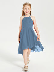 Junior Robes de Demoiselle d'Honneur Longueur de Mollet avec Jupe Asymétrique Bleu de Schiste