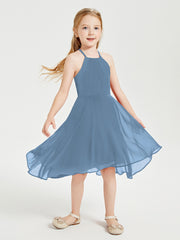 Junior Robes de Demoiselle d'Honneur Longueur de Mollet avec Jupe Asymétrique Bleu de Schiste
