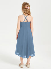 Junior Robes de Demoiselle d'Honneur Longueur de Mollet avec Jupe Asymétrique Bleu de Schiste
