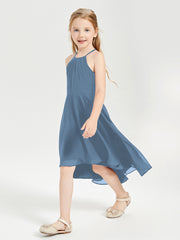 Junior Robes de Demoiselle d'Honneur Longueur de Mollet avec Jupe Asymétrique Bleu de Schiste
