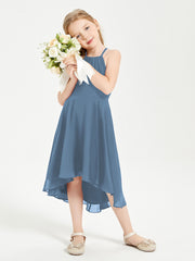 Junior Robes de Demoiselle d'Honneur Longueur de Mollet avec Jupe Asymétrique Bleu de Schiste