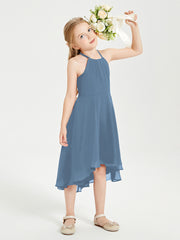 Junior Robes de Demoiselle d'Honneur Longueur de Mollet avec Jupe Asymétrique Bleu de Schiste