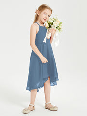 Junior Robes de Demoiselle d'Honneur Longueur de Mollet avec Jupe Asymétrique Bleu de Schiste