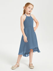 Junior Robes de Demoiselle d'Honneur Longueur de Mollet avec Jupe Asymétrique Bleu de Schiste