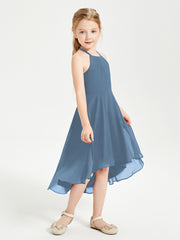 Junior Robes de Demoiselle d'Honneur Longueur de Mollet avec Jupe Asymétrique Bleu de Schiste