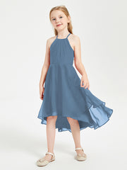 Junior Robes de Demoiselle d'Honneur Longueur de Mollet avec Jupe Asymétrique Bleu de Schiste