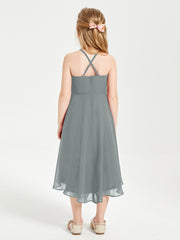 Junior Robes de Demoiselle d'Honneur Longueur de Mollet avec Jupe Asymétrique Gris Acier