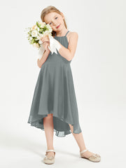 Junior Robes de Demoiselle d'Honneur Longueur de Mollet avec Jupe Asymétrique Gris Acier