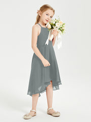 Junior Robes de Demoiselle d'Honneur Longueur de Mollet avec Jupe Asymétrique Gris Acier