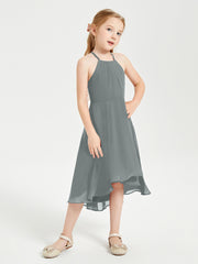 Junior Robes de Demoiselle d'Honneur Longueur de Mollet avec Jupe Asymétrique Gris Acier