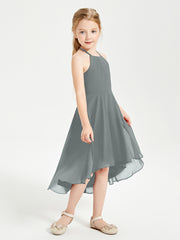 Junior Robes de Demoiselle d'Honneur Longueur de Mollet avec Jupe Asymétrique Gris Acier