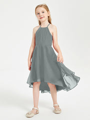 Junior Robes de Demoiselle d'Honneur Longueur de Mollet avec Jupe Asymétrique Gris Acier