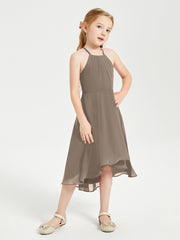 Junior Robes de Demoiselle d'Honneur Longueur de Mollet avec Jupe Asymétrique Taupe
