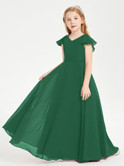 Robe de Demoiselle d'Honneur Junior en Mousseline Délicate Vert Foncé