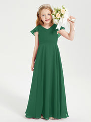 Robe de Demoiselle d'Honneur Junior en Mousseline Délicate Vert Foncé
