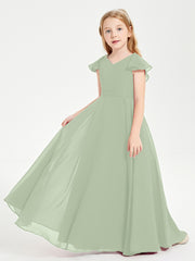 Robe de Demoiselle d'Honneur Junior en Mousseline Délicate Sauge Poudrée