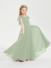 Robe de Demoiselle d'Honneur Junior en Mousseline Délicate Sauge Poudrée